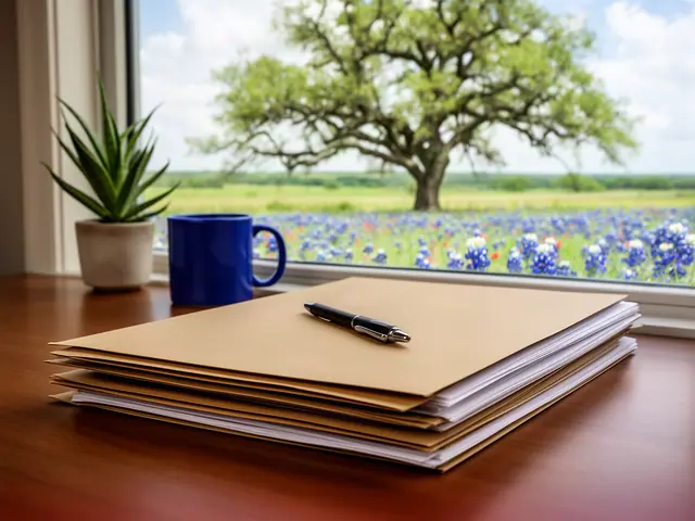 A neat stack of closed manila folders and a pen on a desk by a window.