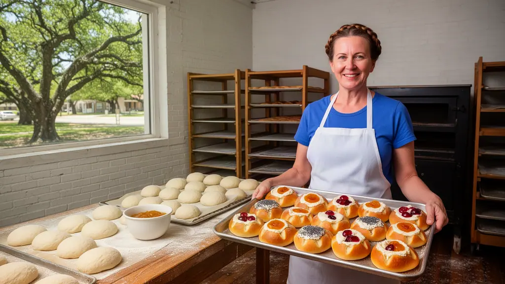 A smiling baker holding a tray of fresh fruit and poppyseed kolaches in a sunny brick bakery.