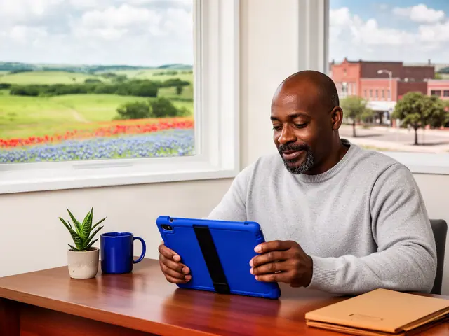 A man with a shaved head reviewing a tablet at a desk in a small back office.
