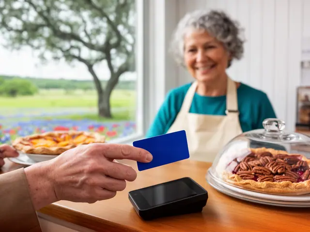 A customer holds a blue card over a counter terminal at a pie café with a pecan pie under glass.