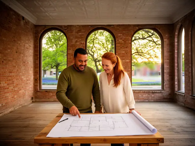 Two business partners looking over a pencil floor sketch in an empty storefront.